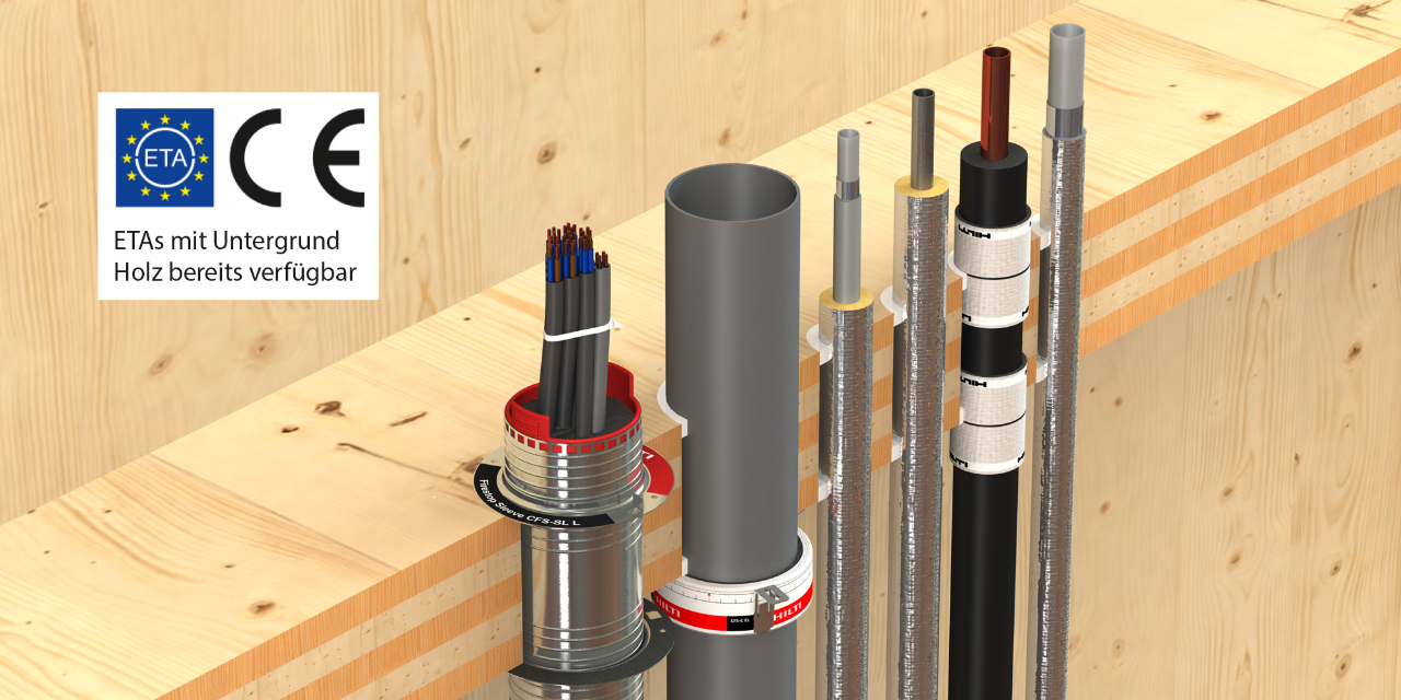 Einzeldurchführung ohne Öffnungslaibung mit engen Abständen zwischen den Abschottungen