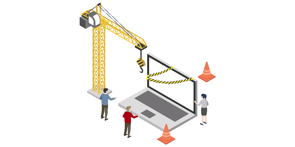 Ein Grafik mit Laptop als Baustelle mit Kran