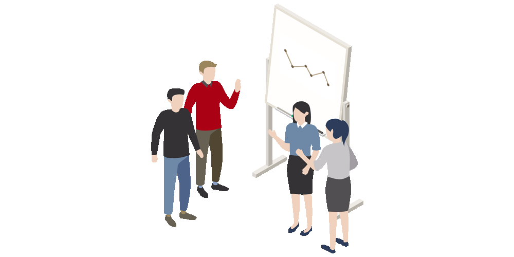 Eine Grafik mit Menschen vor einem Flipchart