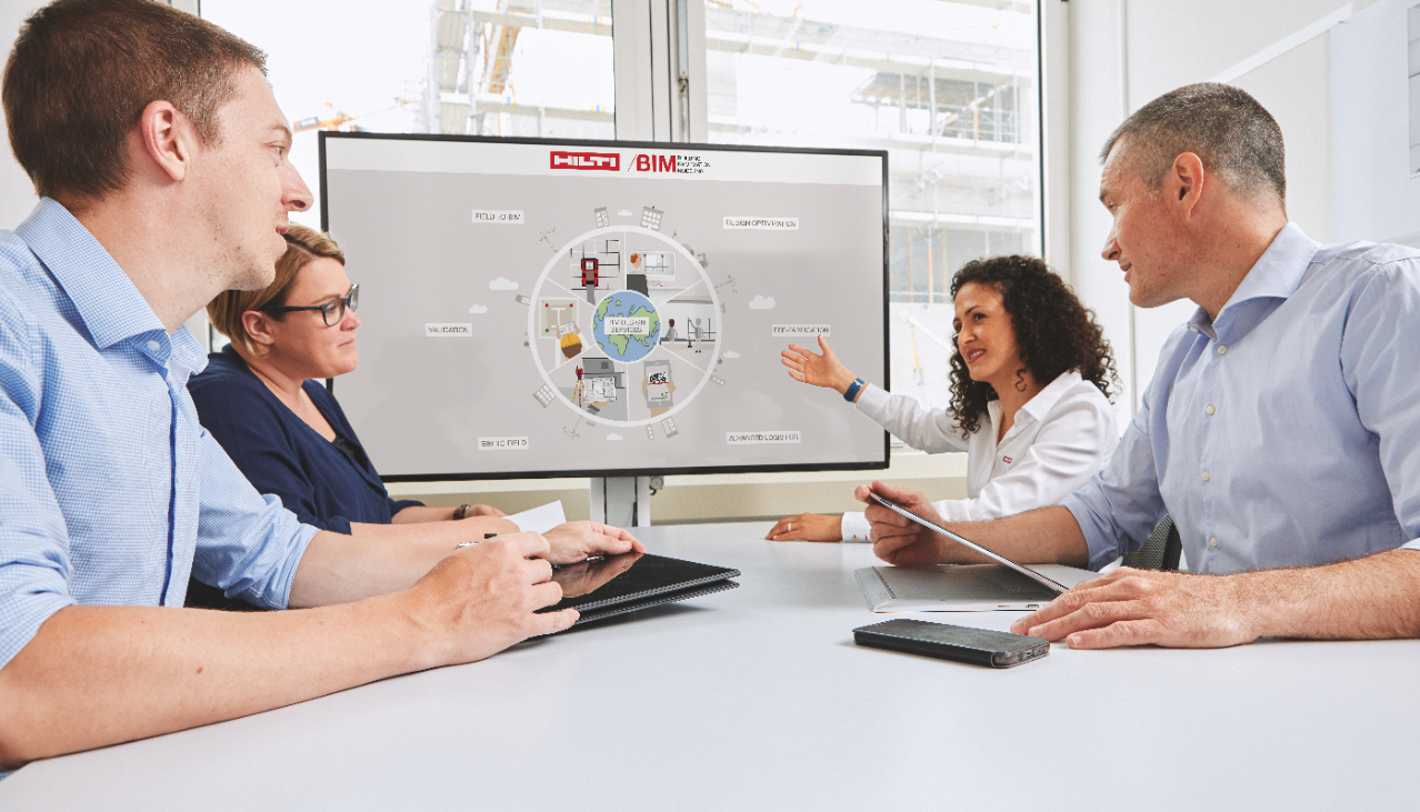 Das Bild zeigt vier Mitarbeiter, zwei Männer und zwei Frauen, die am Tisch sitzen, während eine der Frauen eine Präsentation über Hilti BIM hält. Die Präsentation wird auf dem Bildschirm angezeigt, der an einer Seite des Tisches steht.
