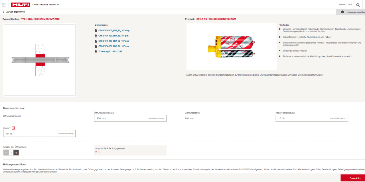 Firestop selector cost estimaton