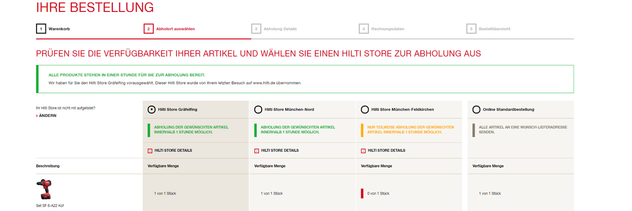 Click & Collect: Verfügbarkeiten in den Hilti Stores prüfen